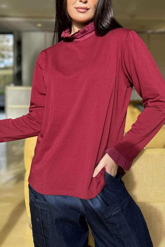 Essential Body Stretch Cotton Ruffle Neck Layering Top Burgundy - 